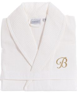 White Unisex Waffle Weave Monogram Bathrobe With Gold Font, Small/Medium, C