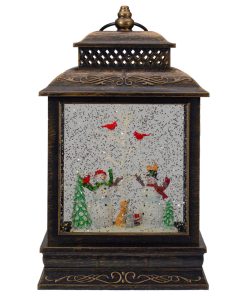 12" Musical Lighted Black Christmas Snow Globe Lantern With Snowmen