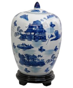 11" Landscape Blue and White Porcelain Vase Jar