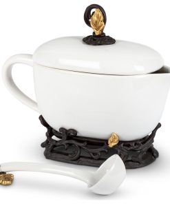 White Stoneware Sauce Boat with Ladle and Metal Gold Leaf Base