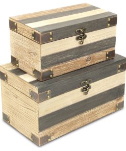 Wood Panel Storage Boxes, Bronze Metal Accents, 2-Piece Set