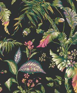 York AT7093 Tropics Fiji Garden Wallpaper black teal aqua lavender yellow pink
