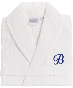 White Unisex Waffle Weave Monogram Bathrobe With Navy Font, Small/Medium, B