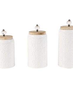 White Metal Farmhouse Floral Decorative Jars Set of 3 12", 10", 9"H