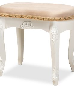 Wiktoria Country Provincial Sand Velvet Upholstered White-Wood Vanity Ottoman