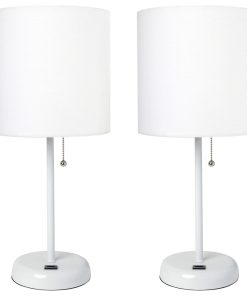 White Stick Lamp With Usb Charging Port/Fabric Shade 2 Pack Set, White
