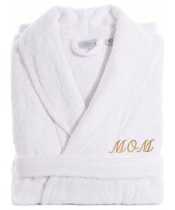 White Terry Bathrobe For Mom With Color Gold Embroidery, Small/Medium