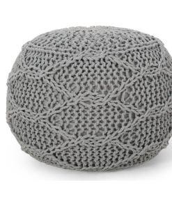 Woodbine Morven Modern Knitted Cotton Round Pouf, Grey