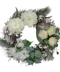 White and Silver Floral Flocked Pine Grapevine Christmas Wreath, 24", Unlit