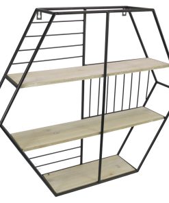 White Oak Wood Contemporary Hexagon Wall-Mounted Metal Floating Shelves, Black