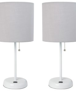 White Stick Lamp With Usb Charging Port/Fabric Shade 2 Pack Set, Gray