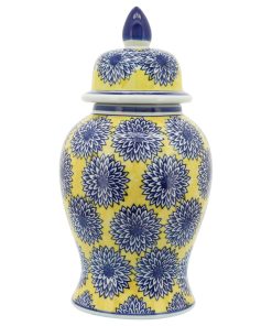 14" Temple Jar With Dalhia Flower,Yellowith Blue