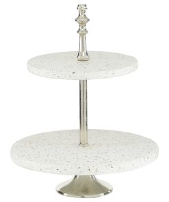 White Stoneware and Aluminum Natural 2 Tier Tray Stand, 17x14x14