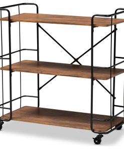 Wilkes Style Black Metal and Walnut Finish Wood Bar and Kitchen Serving Cart