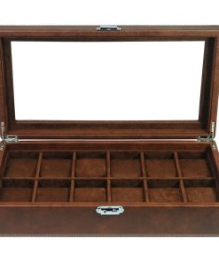 12 Piece Distressed Brown Leatherette Big Face Watch Display Case Storage Box