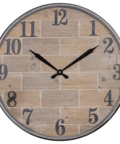 Wood and Metal Wall Clock, Silver/Distressed Brown/Black