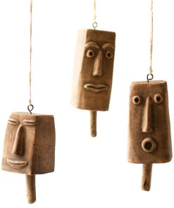 Whimsical Brown Hanging Clay Face Bells 3-Piece Set Sculpture Chimes Ornaments