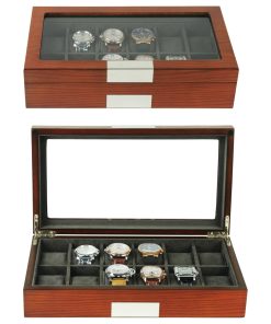 12 Wood Watch Box Display Case Jewelry Organizer Stainless Steel Accents, Cherry