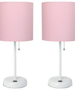 White Stick Lamp With Usb Charging Port/Fabric Shade 2 Pack Set, Light Pink