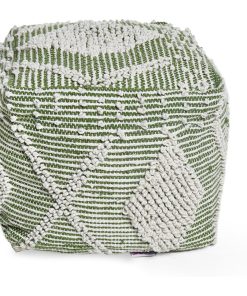 Winnie Contemporary Faux Yarn Pouf Ottoman, Ivory + Cedar Green, 16 W X 16 D X 1