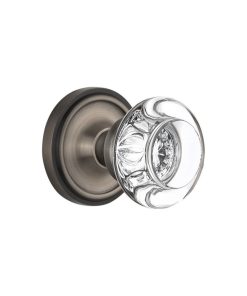 Classic Rosette Passage Round Clear Crystal Glass Knob, Antique Pewter