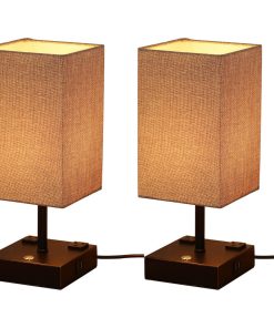 15" Black Desk lamp With Charging Outlet and USB Port Fabric Shade, Set of 2