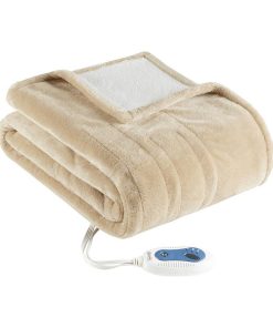 100% Polyester Solid Microlight To Berber Heated Snuggle Wrap, Tan