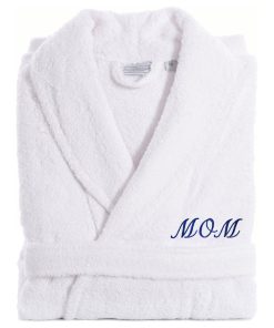 White Terry Bathrobe For Mom With Navy Embroidery, Large/XLarge