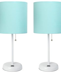 White Stick Lamp With Usb Charging Port/Fabric Shade 2 Pack Set, Aqua