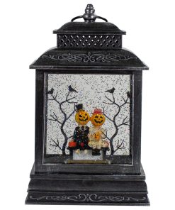 11.5"Lighted Black Halloween Snow Globe Lantern With Pumpkin Couple