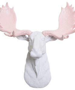 White Mini Faux Moose Head Wall Mount, Cameo Pink Antlers