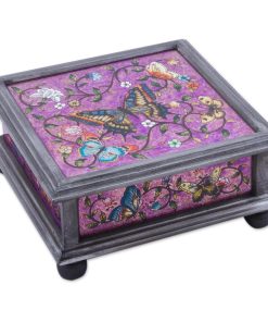 Winter Butterflies, Purple Reverse Painted Glass Decorative Box