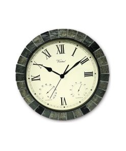 15" B/O Faux Stone Roman Numeral Outdoor Clock Thermometer Hygrometer