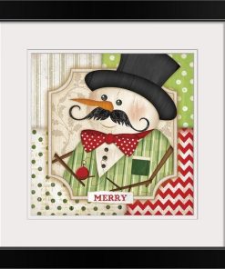 "Mustache Snowman - Merry" Black Framed Art Print, 20"x20"x1"