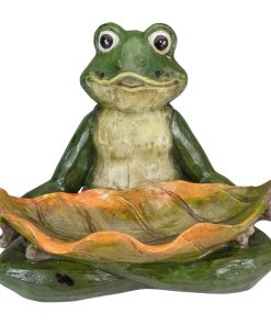 14" Green Frog With Leaf Birdfeeder Outdoor Garden Statue