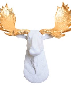 White Mini Faux Moose Head Wall Mount, Gold Antlers