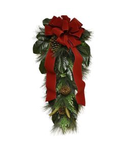 Winter Magnolia and Pine Swag with Red Velvet Bow, 34"