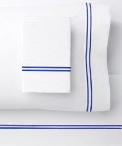 1000 Thread Count 2 Stripe Embroidery Sheet Set, Navy on White, Queen Sheet Set