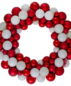 White and Red 3-Finish Shatterproof Ball Christmas Wreath 24" Unlit
