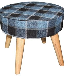 13.5" Blue Tartan Mid-Century Foot Stool