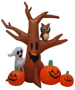 Halloween Inflatable Ghost Tree With Owl and Pumpkins, 8'