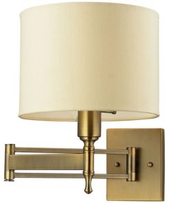 1-Light Swingarm Wall Lamp In Antique Brass Tan Fabric Shade Tan Fabric Shade