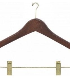 Wooden Anti-Theft Security Curved Combo Hanger, Walnut/Brass Finish, Box of 50
