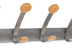 Wooden Coat Hook, Five Wood Peg Wall Rack, Brown/Silver