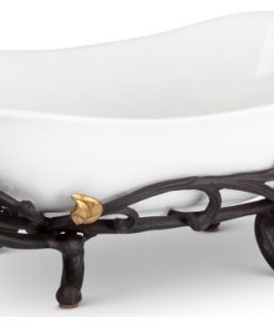 White Stoneware Serving Bowl with Metal Gold Leaf Base with Handles