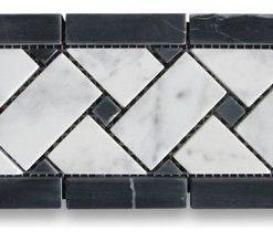White Basketweave Mosaic Border With Black Dots Honed4X12