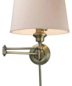 1-Light Swingarm Wall Lamp In Antique Brass Off-White Fabric Shade Made Of