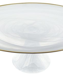 White Alabaster 13" Footed Glass Cakestand With Gold Rim