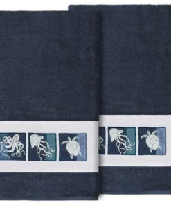 100% Turkish Cotton Ava 2-Piece Embellished Bath Towel Set, Midnight Blue