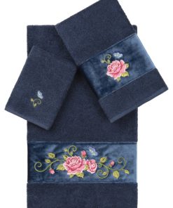 100% Turkish Cotton Rebecca 3-Piece Embellished Towel Set, Midnight Blue